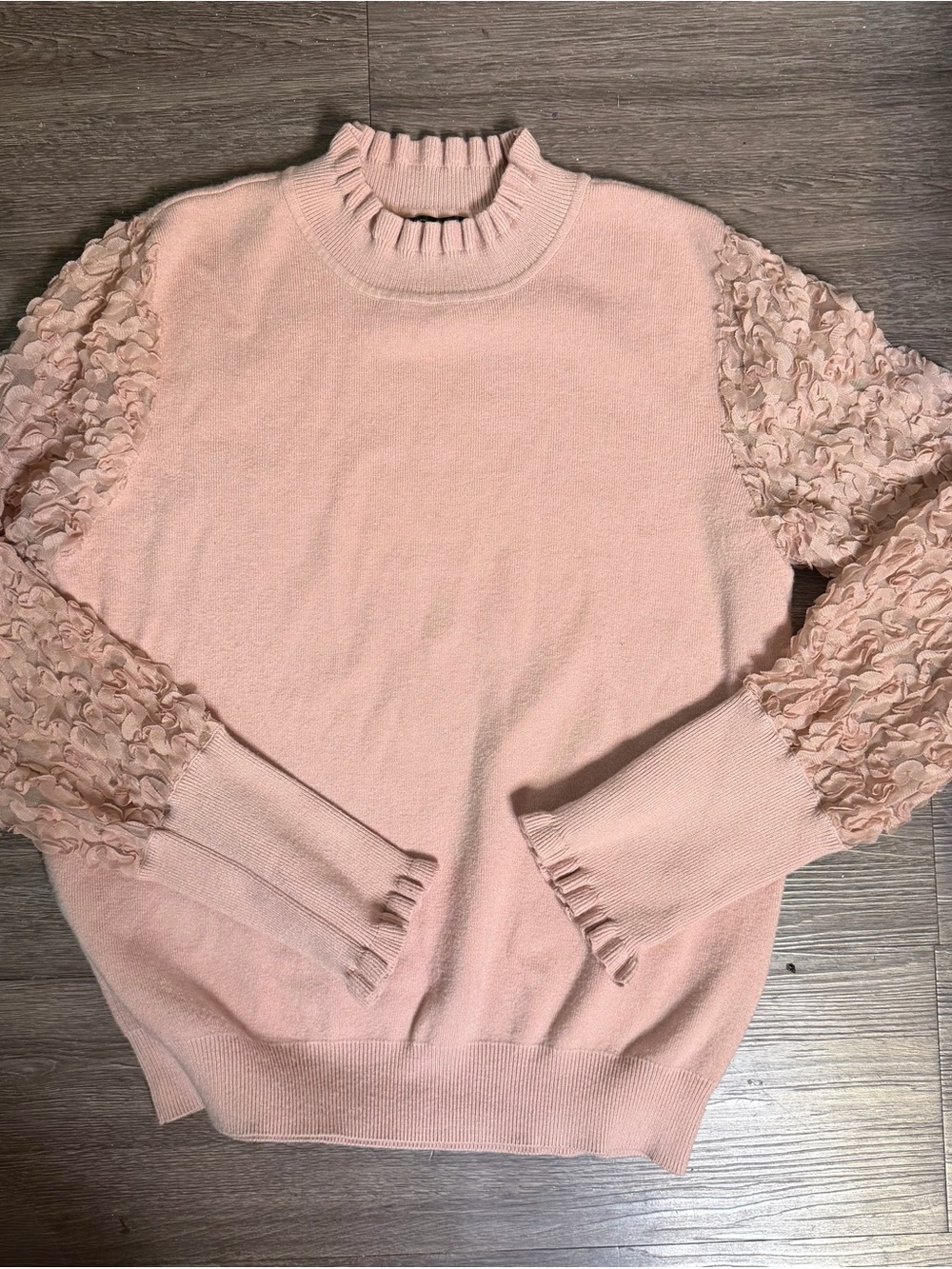 VENUS XL Blush Pink Ruffle Mock Neck Textured Sleeve Sweater